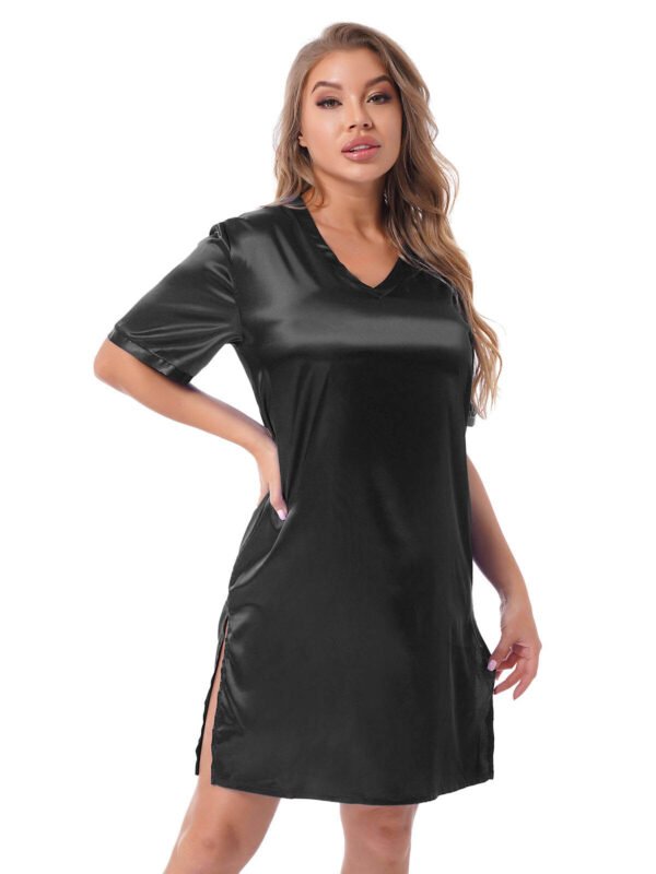 Silk satin sexy black short sleepwear - Image 2