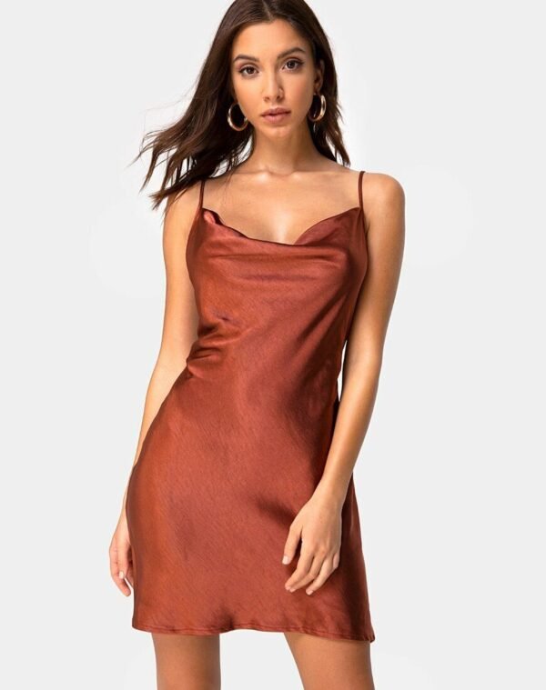 Elegant  Dark Rust Satin Slip Dress - Image 2