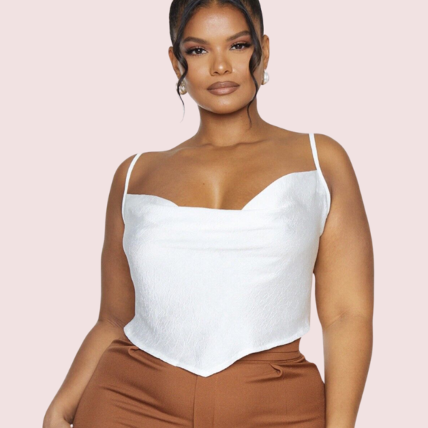 Plus  Size White Satin Cropped Cowl Neck Cami Top - Image 3